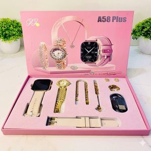 Pack Cadeau Montre Connectée Femme A58 Plus – Smart Watch Bluetooth Tactile Android iPhone + Montre Classique + Bijoux Femme + Coffret Cadeau _ Montre Connectée Pas Chère