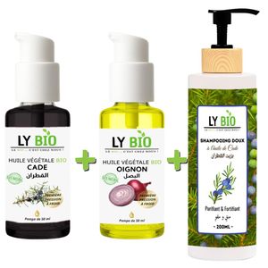 LY BIO PACK HUILE CADE 50ML - POMPE + HUILE OIGNON 50ML - POMPE + SHAMPOOING A L'HUILE DE CADE 200ML