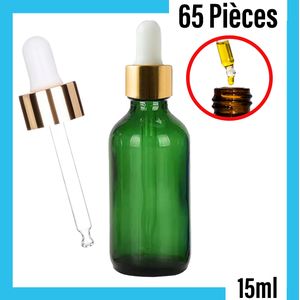 Lot de 65 Pipettes compte-gouttes en verre Vert Cap Dorée 15ml pour cosmétique