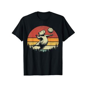 T-shirt Graphique Amusant pour Homme Capybara Volleyball - T-shirt Noir avec Coucher de Soleil Pêche Rouge-Orange - T-shirt Doux et Respirant à Manches Courtes pour Sport, Loisirs, Fête - Coupe Régulière, Vêtement Humoristique avec Animal, Conception Du