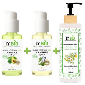 LY BIO PACK HUILE AVOCAT 50ml - POMPE + HUILE CAMPHREE 50ML - POMPE + SHAMPOOING AUX EXTRAITS DE PLANTES 200ML