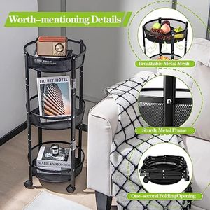 Chariot de Rangement Multifonction Pliable à 3 Niveaux avec Roulettes – Étagère Métallique en Maille pour Cuisine,Fruits,Légumes,Pain,Salle de Bain et Bureau