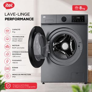 Itel Machine à Laver Frontale 8 Kg Moteur BLDC 1200 tr/min, Lavage Vapeur, IXQG80-AN
