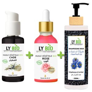 LY BIO PACK HUILE CADE 50ML - POMPE + HUILE ROSE 50ml - PIPETTE + SHAMPOOING A L'HUILE DE NIGELLE 200ML