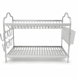 Égouttoir à Vaisselle 2 Niveaux en Aluminium – Porte-Assiettes avec Porte-Couverts, Porte-Tasses et Crochets Latéraux – Grande Capacité – Antirouille – Organisateur de Cuisine