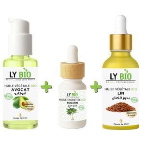 LY BIO PACK HUILE AVOCAT 50ml - POMPE + HUILE ESSENTIEL ROMARIN 10ML + HUILE LIN 50ML - PIPETTE