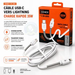DINEX Câble USB Type-C vers Lightning DI-200 – Charge Rapide 35W – 1.2M