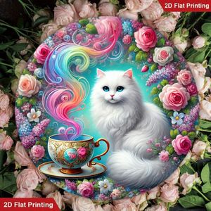 1 pc Tasse de Thé Mystique & Chat Panneau d'Art Mural Rond en Bois, 19.99x19.99 cm - Style Vintage avec Motif Floral Fantaisiste et Chat Blanc Capricieux & Tasse de Thé Colorée, Parfait pour la Maison, Café, Restaurant, Garage, Décor de Véranda - Cadeau 