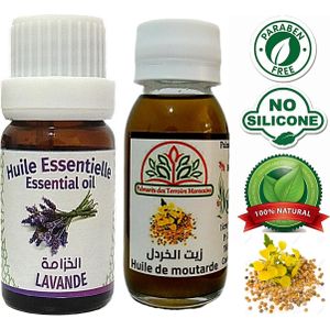 Palmarès des terroirs Marocains Huile végétale de moutarde 100% naturel (soins capillaires, antichute, pellicules) 60ml +  Huile essentielle Lavande 100% Naturel-10ml