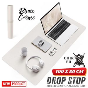 Drop Stop Tapis de bureau (100 * 50cm) Sous-main antidérapant en Cuir PU, imperméable, protège les surfaces, ultra mince, facile à nettoyer, pour ordinateur portable, écriture, bureau, maison, décoration,  (Blanc Crème)