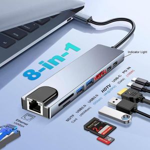 محور -C بثمانية منافذ في 1 مع محول HDTV 4K، منفذ إيثرنت جيجابت RJ45، شحن سريع SD/TF/-A/-C/-PD، مخرج HDTV، محطة متعددة المنافذ مدمجة لماك بوك، ويندوز، هواتف ذكية، أجهزة لوحية - متوافق مع أجهزة C