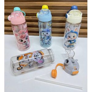 Gourde pour Enfant avec Paille Intégrée et Bouton Poussoir – Bouteille d'Eau Transparent Motif Animaux 3D