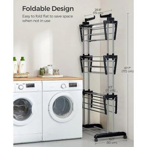 منشر غسيل داخلي، مجفف ملابس كبير بأربع مستويات قابل للطي مع عجلات، مجفف ملابس من الفولاذ المقاوم للصدأ للاستخدام الداخلي والخارجي