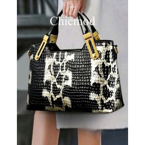 Sac à Main Femme Élégant en Similicuir PU – Design Effet Peau de Serpent Brillant – Grand Sac Fourre-Tout avec Anse et Bandoulière