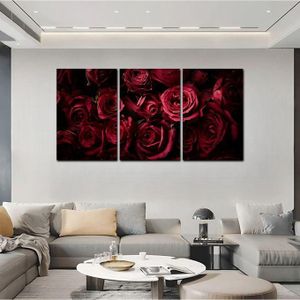 طقم 3 لوحات جدارية بتصميم ورود حمراء – مطبوعات قماشية بثلاث لوحات لديكور المنزل