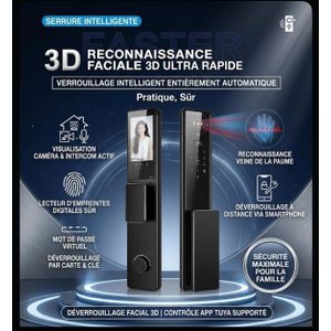 Serrure Intelligente Connectée Haute Sécurité – Reconnaissance Faciale 3D, Empreinte Digitale, Caméra Intégrée & Contrôle à Distance par Application