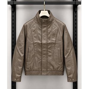General Veste Homme Taupe en Similicuir – Blouson Zippé à Col Montant avec Poches – Style Casual et Moderne