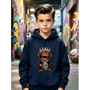 Sweat à capuche décontracté d'automne-hiver pour garçons, manches longues, imprimé King des singes Hip-Hop, haut décontracté, fibre de polyester légèrement extensible, convient aux sorties quotidiennes décontractées, sportives et urbaines