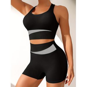 Ensemble Soutien-Gorge et Short de Sport Femme 2 Pièces – Couleur Contrastée, Rembourrage Amovible, Bretelles Larges, Dos