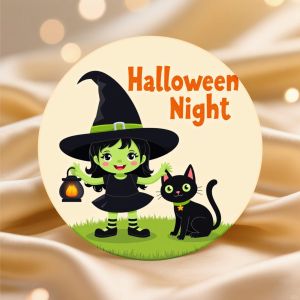 24/48 autocollants de bureau style sorcière mignonne couleur vert et noir avec texte "Halloween Night" et motif de chat pour la décoration de cahiers d'école et d'ordinateurs portables