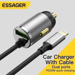 ESSAGER Chargeur de Voiture USB-C PD 20W avec Câble Lightning Intégré 1,5 m + Port USB – Charge Rapide pour iPhone et Smartphones