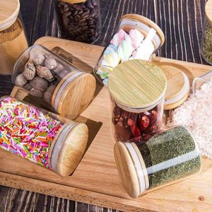 Set de 4 bocaux à épices avec une cuillère en bois moderne en verre avec couvercles en bambou hermétiques 350ml