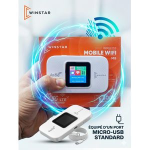 WINSTAR M8 Mobile WiFi 4G/5G Maroc, routeur portable haut débit permettant jusqu’à 30 connexions simultanées. Hotspot sans fil avec batterie longue durée, idéal pour voyage, bureau et télétravail. Compatible tous opérateurs, connexion rapide et stable.