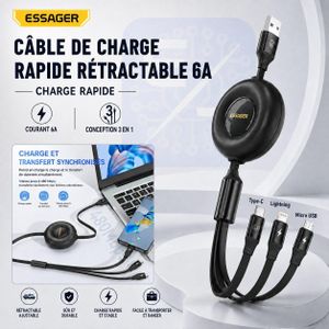 ESSAGER Câble Rétractable 3 en 1 6A USB C 1M, Lightning et MicronUSB  4 Longueurs Réglables