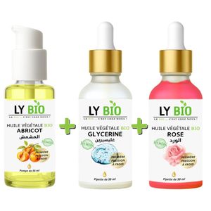 LY BIO PACK HUILE ABRICOT 50ML - POMPE + HUILE GLYCERINE 50ml - PIPETTE + HUILE ROSE 50ml - PIPETTE