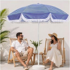 Parasol de Jardin Rayé Bleu & Blanc avec Franges – Grand Parasol Extérieur Pliable pour Terrasse, Piscine, Plage et Café