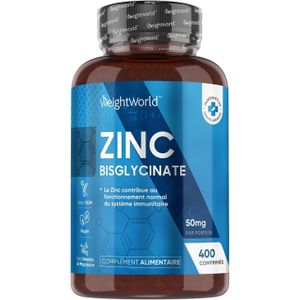 WeightWorld Zinc Bisglycinate 50 mg – 400 Comprimés – la Peau, les Cheveux, les Ongles et les Os