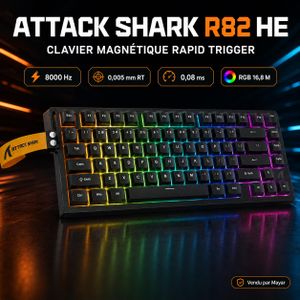 ATTACK SHARK R82 HE – Clavier Gaming Magnétique Hall Effect Filaire 75 %, 80 Touches, Rapid Trigger 0,005 mm, Polling Rate 8000 Hz, Latence 0,08 ms, RGB et Switches Hot-Swap