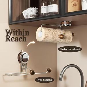 Dérouleur Papier Essuie-Tout Mural à Ventouse - Grand Modèle 30 cm Sans Perçage, Porte Rouleau de Cuisine et Film Alimentaire, Support Mural Inox et Bois Multifonction pour Organisation de Cuisine et Salle de Bain