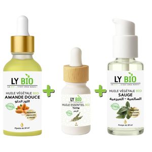 LY BIO PACK HUILE AMANDE DOUCE 50ML - PIPETTE + HUILE ESSENTIEL THYM 10ML + HUILE SAUGE 50ML - POMPE
