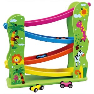 Toboggan à Voitures en Bois - Piste de Course Multicolore - Jouet d'Éveil pour Enfants 18M+