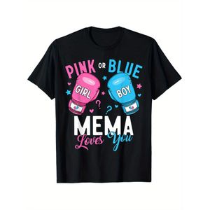 T-shirt révélation de genre sur le thème de la boxe "Mema Adores You" disponible en rose ou bleu. Un t-shirt décontracté unisexe avec un col rond et un motif de gants de boxe, parfait pour les annonces de grossesse, les baby showers.
