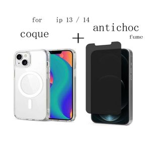 Coque pochette transparente magfase pour iphone 14 avec protecteur d'écran céramique fumé antichoc