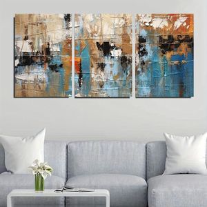 Tableau Abstrait Moderne – Lot de 3 Toiles Décoratives Bleu, Beige et Marron pour Salon