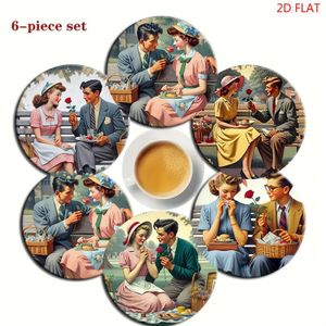 Ensemble de 6 sous-verres en bois carton  sur le thème de l'amour romantique de style européen, 2D PLAT - Résistant à la chaleur, antidérapant - Convient pour le café, le thé et les bois carton sons - Décoration pour la maison et le bureau, les fans et 