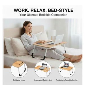 Table de Lit Pliable pour Ordinateur Portable - Support de Lecture & Petit Déjeuner avec Porte-Gobelet et Fente Tablette - Design Ergonomique en Bois MDF