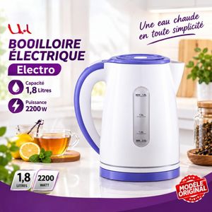 Bouilloire Électrique 1,8 L – 2200W – Chauffe-Eau Rapide en Plastique avec Base Inox et Filtre Amovible