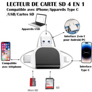 Lecteur de Carte SD Multiport 4-en-1 – Pour iPhone, USB-C, Android et PC – MicroSD/SD