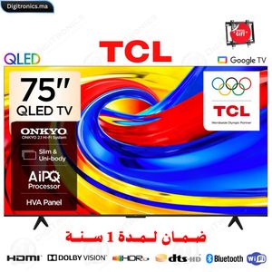 TCL 75 Premium QLED 4K UHD Smart Google TV Dolby Vision HDR10+, Mince & Corps Uni + Support gratuit, 75P7L