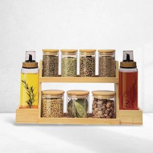 Italy Home Design RANGEMEMENT ET ORGANISATEUR 9 PIÈCES AVEC BOITES À ÉPICES EN VERRE ET COUVERCLE AN BAMBOU NATUREL