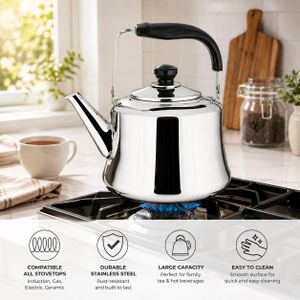 Bouilloire en acier inoxydable de haute qualité – Disponible en 2,5 L, 3 L, 4 L et 5 L – Poignée ergonomique compatible avec tous les types de plaques de cuisson