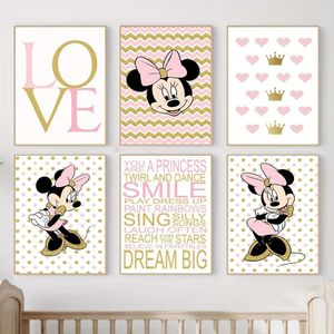 مجموعة من 6 مطبوعات جدارية ديزني ميني ماوس ملصقات A5 غير مؤطرة مع اقتباسات حب ورود، نقاط، قلوب ولمسات ذهبية