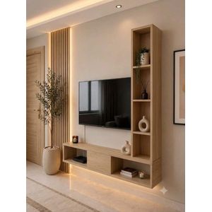 Meuble TV Mural Suspendu en mdf avec Rangements en colleur chêne 