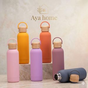 Gourde Isotherme en Acier Inoxydable (Inox) - Bouchon en Bambou Naturel - 600ml  - Multi-couleurs - Sport, Bureau & Voyage