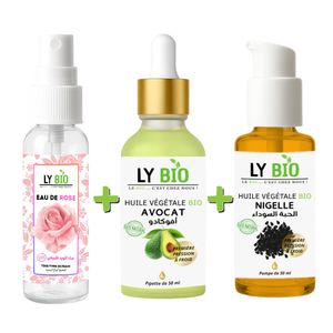 LY BIO علبة LYBIO ماء الورد 100 مل + زيت الأفوكادو 50 مل - قطارة + زيت الحبة السوداء 50 مل - مضخة