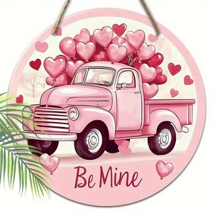 2D Plat - Un design 2D avec un emblème rustique de Saint-Valentin - un camion rose avec des ballons rouges - parfait pour la décoration de la maison, du jardin et du porche, sans électricité - ornements de sapin de Noël adaptés aux fournitures de fête e